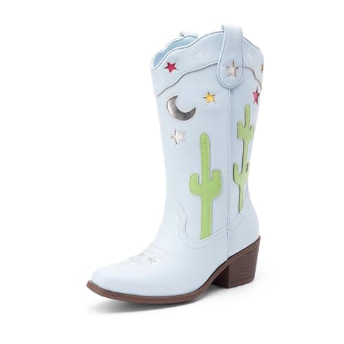 Image of DREAM PAIRS Girls Cowboy Boots Square Toe Western Boots with Low Heel,Size 4 Big Kid,Light Blue,KKUMMB2501