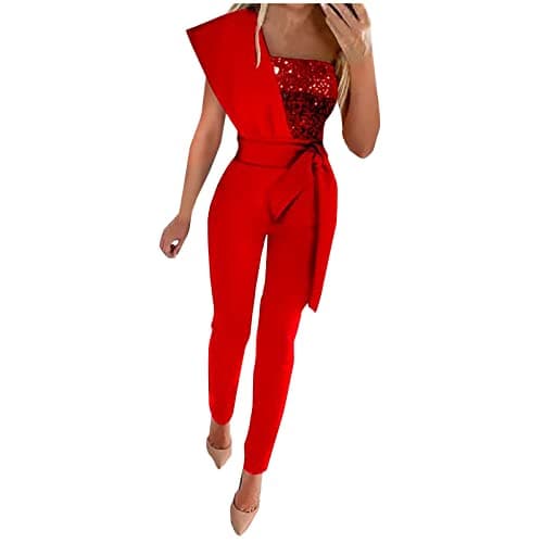 Image of Keepink Jumpsuits for Women UK Ladies Summer Wedding Sequin Elegant Party Playsuit Clubbing Romper Wide Leg Office Evening Trousers Diamond Halter Sexy Zip Overalls