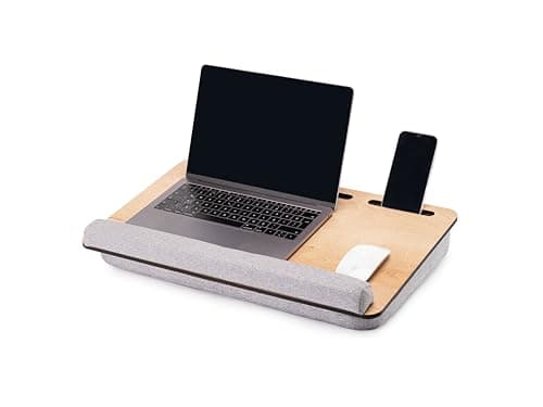 Image of Vigo Wood Laptop Tray for Bed, Lap Desk for Laptop, Stand for Bed, Lap Tray with Cushion, Portable Lap Tray for Home Office Fits up to 17.3'' Tablet and Phone Holder (Oak & Gray)