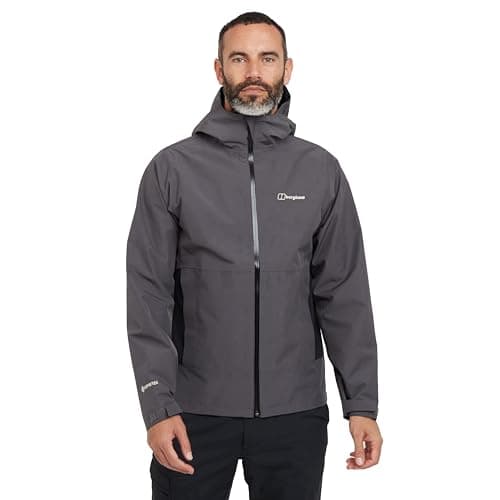 Image of Berghaus Men's Bramblfell Gore-Tex Interactive Jacket | Waterproof | Breathable | Adjustable Hood Waterproof Jacket, Grey Pinstripe/Jet Black, L