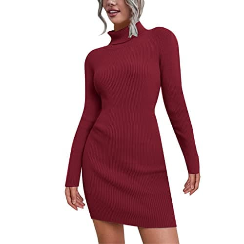 Image of GOSTYLES® Women Ribbed Polo Neck Midi Dress - Ladies Knitted Long Sleeve Turtle Neck Bodycon Jumper Top (Red, Small)