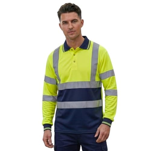 Image of Hi Vis Polo Shirt - High Visibility Safety Workwear with Reflective Stripes T Shirt, Available in Long Sleeve and Short Sleeve Work Top for Men and Women- (Long Sleeve Yellow/Navy S)