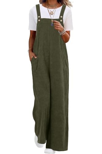 Image of QIXING Womens Corduroy Dungarees Wide Leg Cord Jumpsuit Casual Overalls with Pockets UK (Army Green, L)