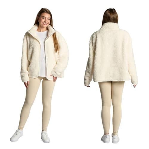 Image of OHS Ladies Fleece Jackets Full Zip, Teddy Fleece Jacket Women Soft Cosy Warm Winter Women's Clothing Ladies Jackets Sweatshirt Fleece Top Long Sleeve Pullover for Travel Hiking, Cream - L/XL