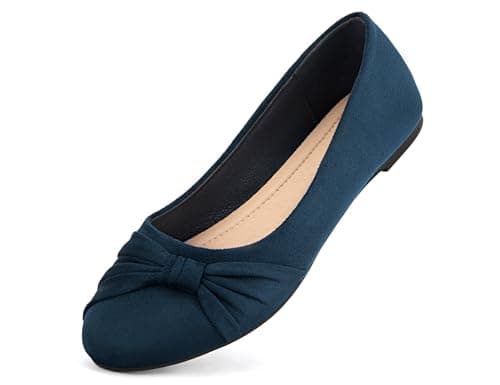 Image of MaxMuxun Lady Ladies Navy Round Toe Slip On Lightweight Work After Party Pumps Flat Ballet Ballerina Dolly Shoes with Bowtie Size 7 UK / 40 EU