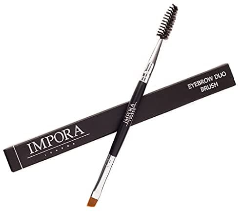 Image of Duo Eyebrow Brush & Spoolie by Impora London. Flat, Angled Brush Perfect for Lining / Shaping Brows. Use with Gel, Cream or Powder Colours. Spoolie for Brows or Lashes.