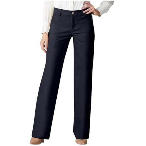 Image of Women's Straight Leg Smart Trousers Comfortable Casual Versatile Tailored Trousers with Pockets Elegant Solid Colour Formal Office Work Suit Pant Dark Blue