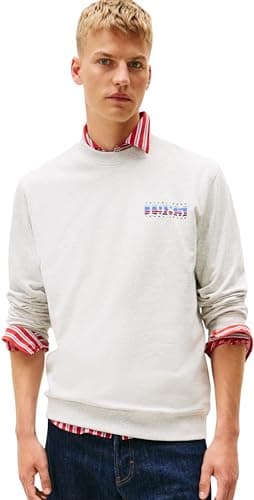 Image of Tommy Jeans Men's TJM Reg Entry DNA Play Crew Ext Dm0Dm22377 Pullover Sweatshirt, Grey (Ice Grey Heather), S