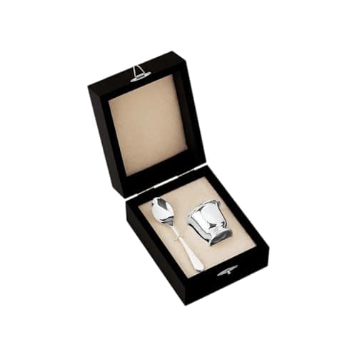Image of Carrs - Child's Egg Cup & Spoon Set Wooden Box Sterling Silver