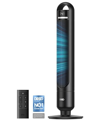 Image of DREO Quiet Tower Fan for Bedroom& Home, 25ft/s Powerful Airflow, 29ft Coverage, 1-8H Timer, 4 Speeds, 3 Modes, 28dB Bladeless Fan with Remote Control, 90° Oscillating Cooling Fan, LED Display
