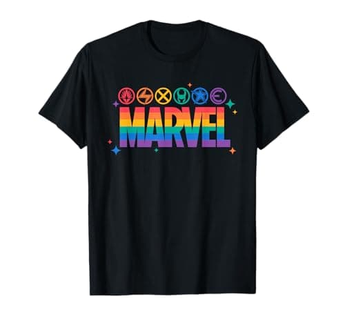Image of Marvel Pride Rainbow Logo Proud Heroes Symbols T-Shirt
