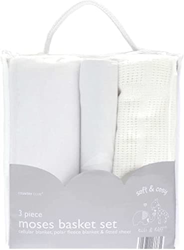 Image of COUNTRY CLUB Soft, Cosy and Easy Care 3 Piece Baby Moses Basket Set - Cellular Blanket/Polar Fleece Blanket/Fitted Sheet - Newborn Baby Gift Idea - White, Blue or Pink (White)