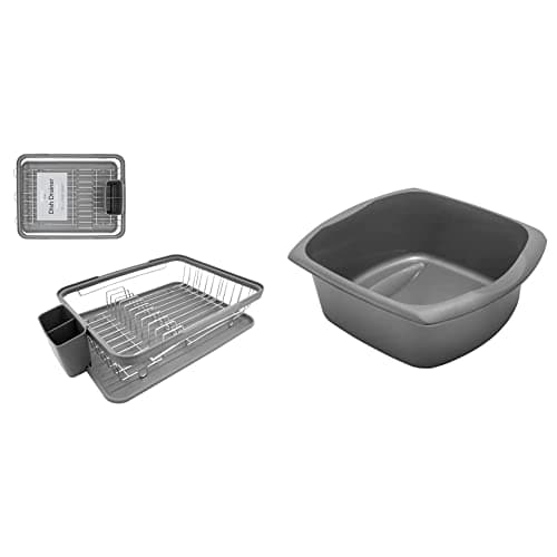 Image of Anika 69069 Kitchen Dish Drainer Rack / Separate Cutlery Holder / Removable Drip Tray / Grey Colour / 41 x 32 x 9.5cm & Addis Rectangular Washing up Bowl, Metallic, Large, 9.5 Litre