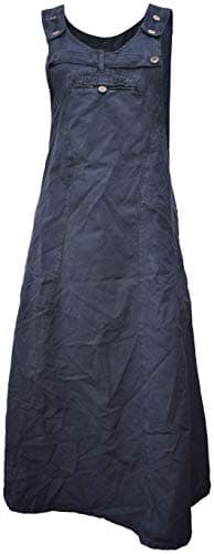 Image of Gheri Womens Long Enzyme Washed Plain Pinafore Cotton Dress Black LXL
