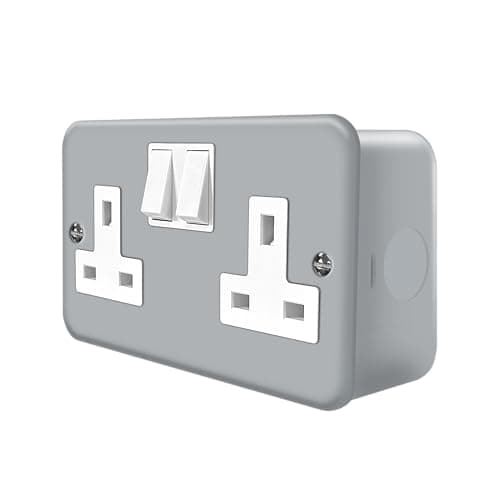 Image of EVOGES Vector Metal Clad 13A 2 Gang Double Pole Switched Socket – Heavy Duty Steel Back Box, Industrial Grade, Grey Finish