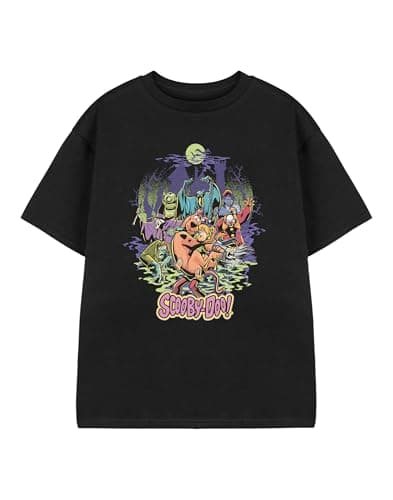 Image of Scooby-Doo! Unisex Kids Black Short Sleeved T-Shirt | Halloween Graphic Tee for Children | Mystery Machine Cartoon Apparel Top | Kids & Teens Spooky Scooby Merchandise Gift
