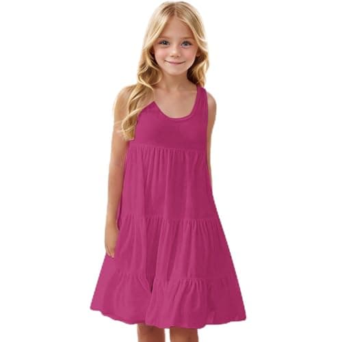 Image of duxyoz Girl's Sundresses Summer Sleeveless Casual Midi Dress Loose Fit Skater Twirl A Line Party Dress Kids Solid Color Round Neck Boho Beach Sundress Girls Playwear Clothing Hot Pink 5-6 Years