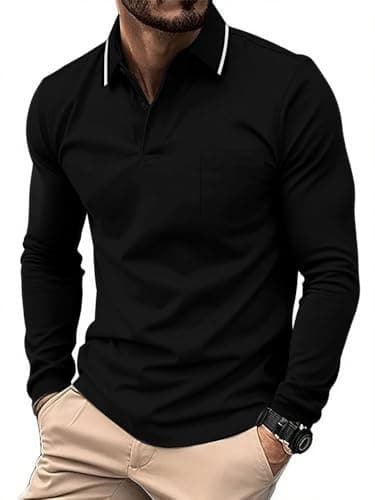 Image of JACKETOWN Mens Polo Shirts Long Sleeve Breathable Work Polo Shirts Adult Casual Button Down Golf Tennis T Shirt,Black,XL