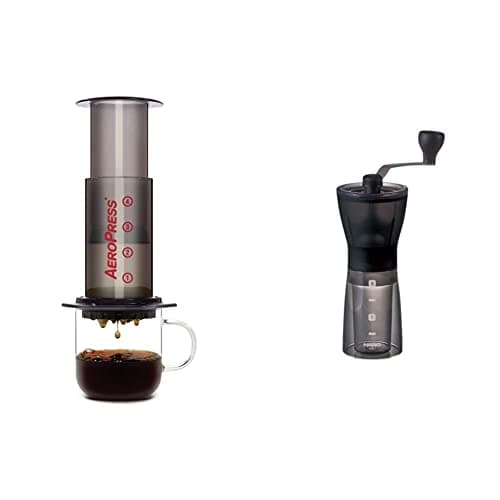 Image of AeroPress Coffee and Espresso Maker - Quickly Makes Delicious Coffee Without Bitterness & Hario, Transparent Black Mini Mill PLUS | Compact & Adjustable Hand Coffee Grinder With Ceramic Burrs, Plastic
