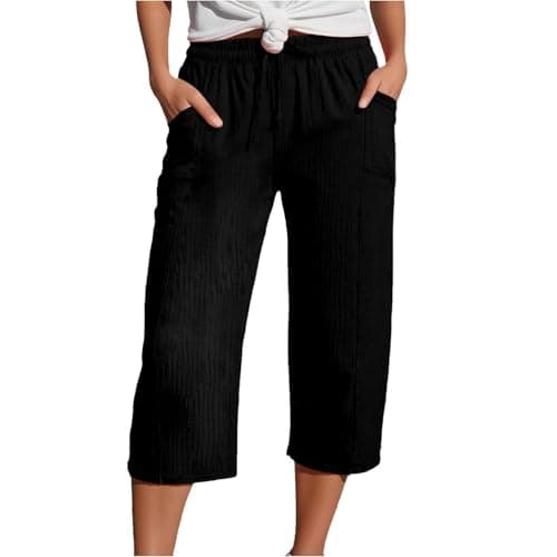 Image of Yolimok Womens Cropped Trousers Elasticated High Waist Relax Fit Cotton Linen Ladies 3/4 Length Straight Wide Leg Trousers Casual Everyday Soft Lightweight Plain Three Quarter Pants Black