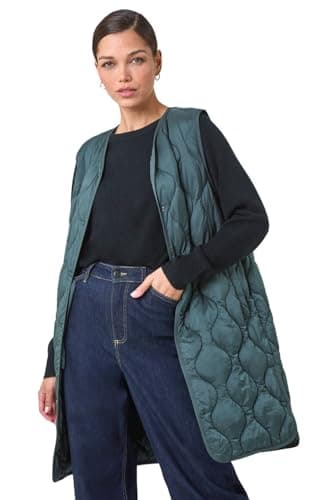 Image of Roman Originals Quilted Collarless Buttoned Gilet for Women UK - Ladies Everyday Autumn Winter Funnel Neckline Comfy Soft Evening Vacation Work Party Night Out - Forest Green - Size 18