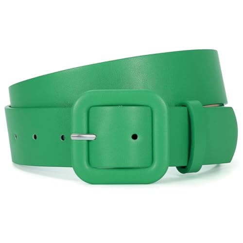 Image of JASGOOD Women’s Leather Belt for Jeans Pants Candy Color Fashion Square Buckle Ladies Belts for Dresses, Green, Fits Waist Size 40"-45"