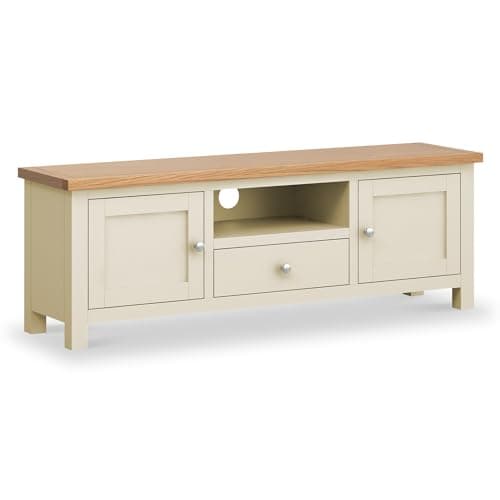 Image of Farro Cream 140cm Wide TV Unit for Living Room | Roseland Furniture Large Painted Television Stand Cabinet Solid Wooden with Oak Top for TVs up to 63 inches, Fully Assembled