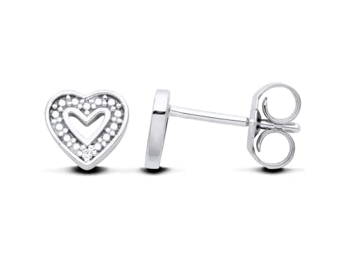 Image of Old English Jewellers 9ct White Gold Natural Diamond Love Heart Stud Earrings - Gift Boxed
