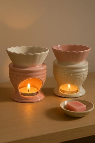 Image of 2 Pack Ceramic Oil Burners for Wax Melts and Essential Oils – Flower Design Pink & White Tealight Holders – Aroma Diffuser for Home Decor, Relaxation, Meditation or Gift Set (JR1512 Set)