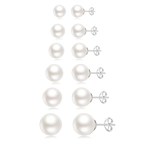 Image of Senteria Pearl Earrings Studs 6 Pairs Sterling Silver Pearl Stud Earrings Set Hypoallergenic Small Silver Stud Earrings Pearls Earrings for Women 3/4/5/6/8/10MM