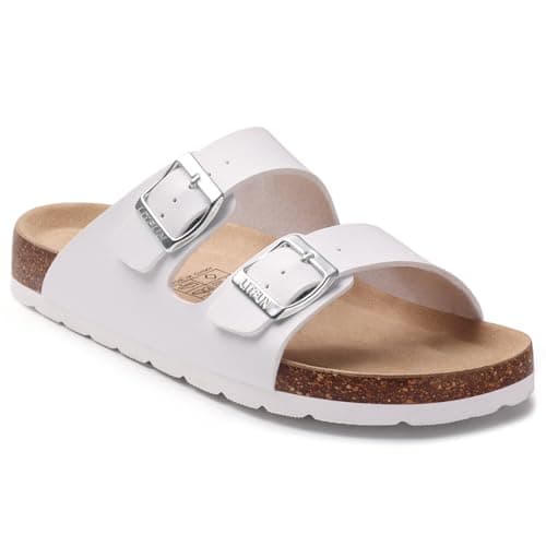 Image of Litfun Women's Cork Footbed Sandal Summer Slip On Slide Sandals with Adjustable Buckle, White 37