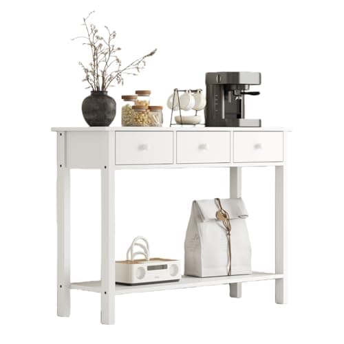 Image of Pantanal White Hallway Console Table 3 Drawers with Storage Shelf for Corner Entryway Bedroom Living Room 100CM (White Handle)