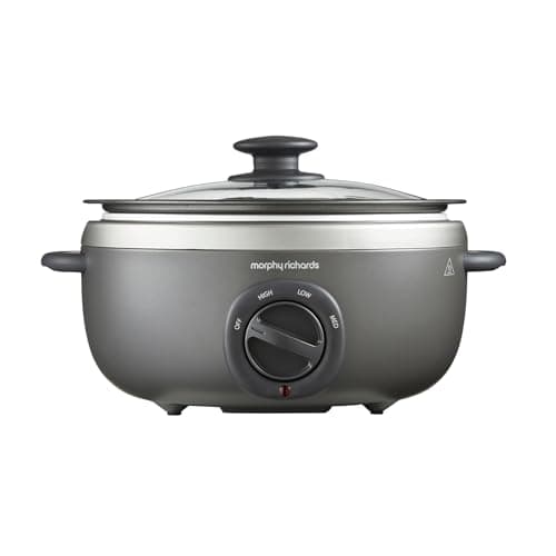 Image of Morphy Richards 3.5L Sear and Stew Oval Slow Cooker, Dishwasher Proof Non Stick Aluminum Pot, Cool Touch Handles, Glass Lid, Matte Finish, 163W, Titanium, 460022
