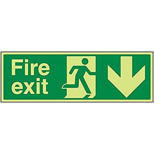 Image of V Safety Glow In The Dark Fire Exit Arrow Down Sign - 450mm x 150mm - Rigid Plastic