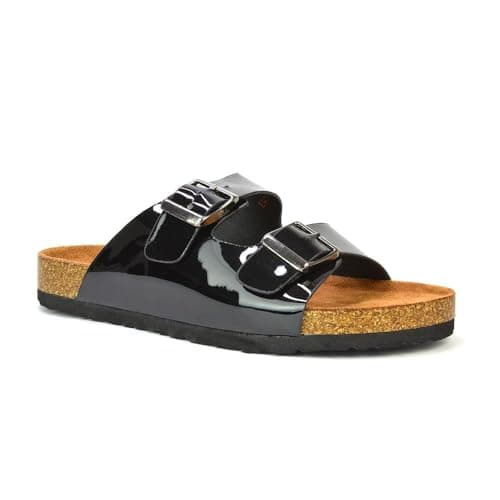 Image of ESSEX GLAM Womens Double Buckle Strap Flat Slider Ladies Casual Holiday Flip Flop Strappy Black Sandals Size 4