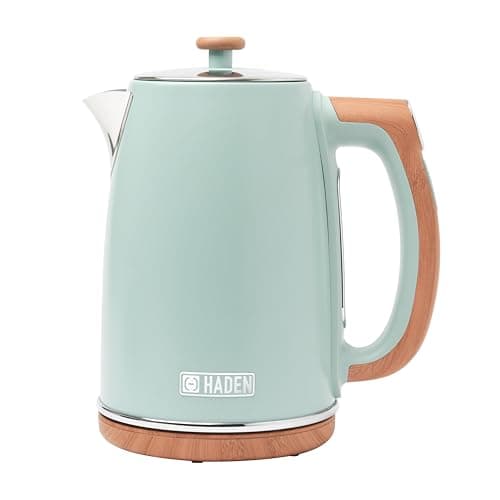 Image of Haden Dorchester Temperature Control Kettle - 3000w Rapid Boil, Wood Effect Finish, 1.7litre - Green Stainless Steel Kettle - Overheat Protection - Digital Display