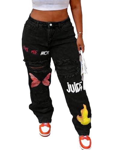 Image of Vaimti Plus Size Women's Distressed Ripped Jeans with Butterfly, High Waisted Straight Leg Denim (UK, Alpha, XL, Plus, Regular, Black)