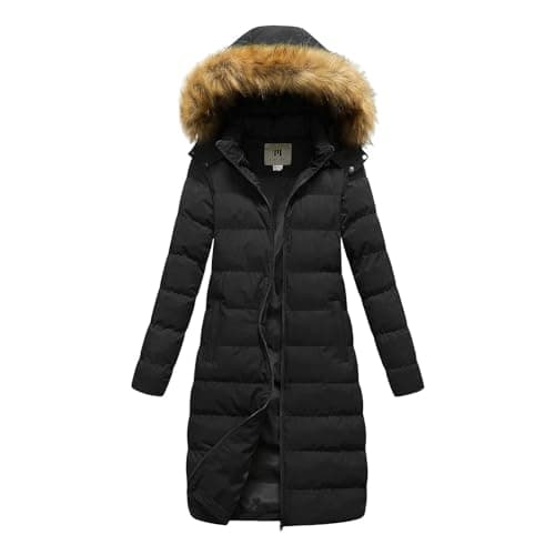 Image of Beokeuioe Women's Winter Coat Warm Quilted Coat Long with Removable Hood and Faux Fur Collar Padded Down Coat Puffer Jacket Quilted Jacket Down Jacket Outdoor Jacket Outerwear, black, M