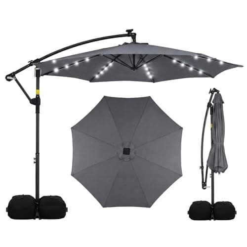 Image of COSTWAY 2.9M/3M Garden Cantilever Parasol, Outdoor Offset Banana Hanging Umbrella with LED Lights, Crank Handle and 360° Rotation, Water-proof Sun Shade Canopy (3M, Gray, with 32 Lights)