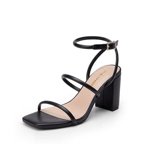 Image of DREAM PAIRS Women Heels Chunky Square Open Toe Strappy Ankle Strap Block High Heeled Sandals for Dressy Wedding Comfortable Shoes,Size 6.5,Black-Pu,DWUMHS2529