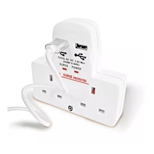 Image of HUBIBUBI 2 Way Gang Adapter with 2 Way Cable Free USB Socket Adaptor White 3Pin Uk Main Wall Socket Charge Port Converter Multi Plug Surge Protection (2 Way Socket & 2 USB Socket, White)