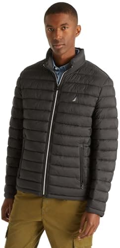 Image of Nautica Men's Reversible Quilted Puffer Jacket –Midweight Mechanical Stretch Winter Coat, Luxury Black, XXL