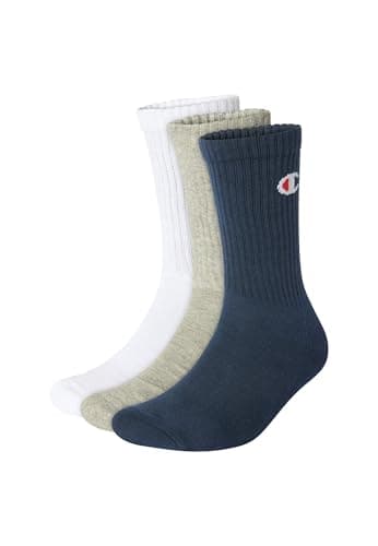 Image of Champion Unisex Basics 3pk Crew Ankle Socks, Dark Blue/White/Light Grey Melange, 2.5-5 UK