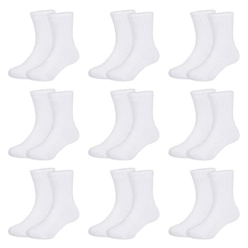 Image of Auranso Toddler Socks 9 Pairs Kids Athletic Cushioned Ankle Crew Socks Black White Grey Striped Cotton School Sports Socks for Boys Girls Junior, 7-10 Years