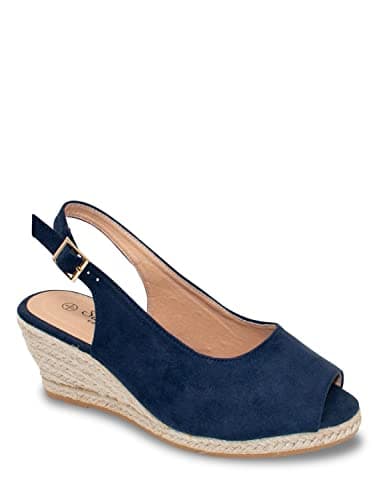 Image of Chums Ladies Wide Fit Espadrille Sandal Mock Suede with Padded Sole, Adjustable Buckle & Medium Wedge Navy 6