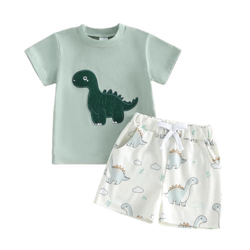 Image of JCOPLY Toddler Baby Boy Two Piece Outfits Kids Boys Summer Clothes Cute Dinosaur Embroidery Short Sleeve T-Shirts Shorts Set Casual Clothing Sets (Green, 18-24 Months)