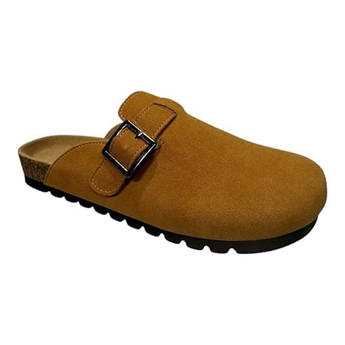 Image of Women’s Suede Clogs with Adjustable Buckle – Soft Slip-On Comfort Mules with Cork Footbed Leather and Non-Slip Sole (Camel, UK 6)