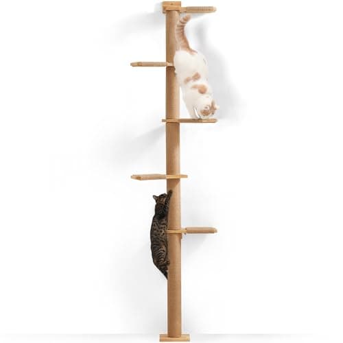 Image of FUKUMARU Tall Cat Tree, 5 Tier Floor to Ceiling Cat Tower, Wall-Mounted Cats Scratching Post, Wild Simulation Cats Wall Shelves, Suitable for Climb, Scratch, Lookout and Play