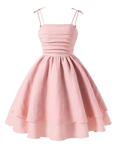 Image of Happy Cherry Pink Summer Dresses for Teens Girls 12 Years Spaghetti Strap Midi Casual Sleeveless Sundress Swing Smocked A Line Beach Boho Dress
