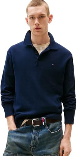 Image of Tommy Jeans Men's TJM Slim Essential Polo SWTR Ext DM0DM20304 Pullover Sweater, Blue (Dark Night Navy), L